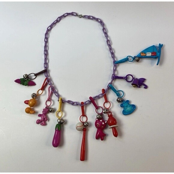 Vintage 70s 80s Plastic Charm Necklace Purple Chain 10 Gumball Bell Charms